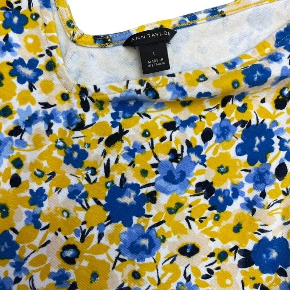 Ann Taylor Women Cotton/Spandex Floral Yellow & Blue Sleeveless V-Neck Top L - Picture 3 of 9